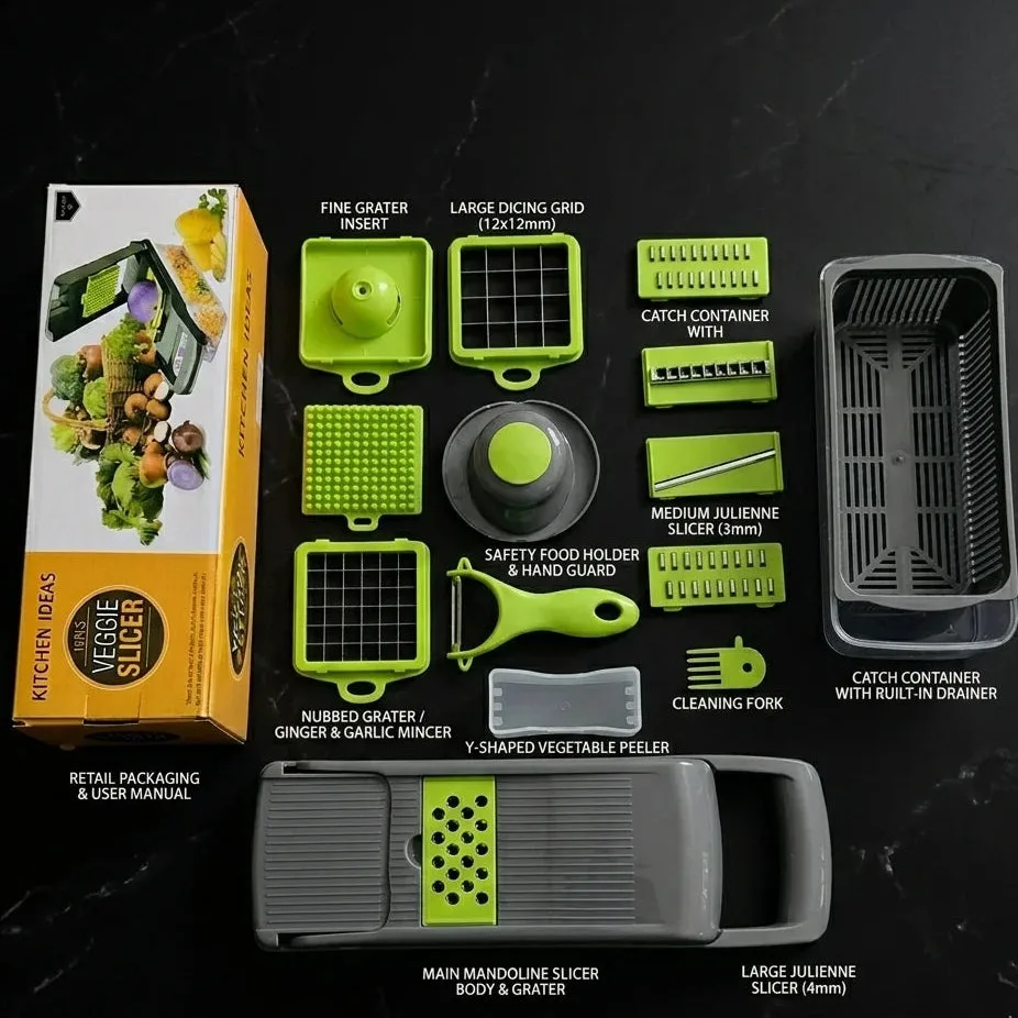 Labeled parts diagram of the 16 in 1 Vegetable Cutter showing fine grater, dicing grids, julienne slicers, vegetable peeler and catch container