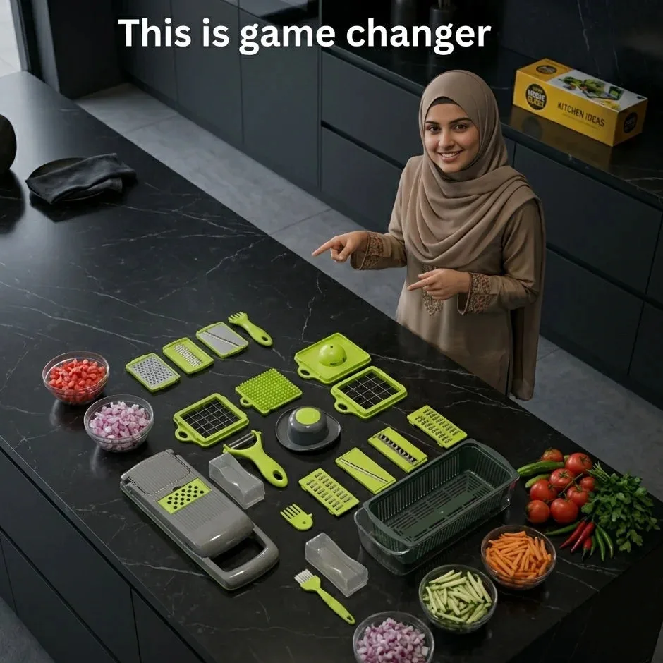 Woman in a kitchen pointing at the fully assembled Vegetable Cutter set with bowls of chopped vegetables