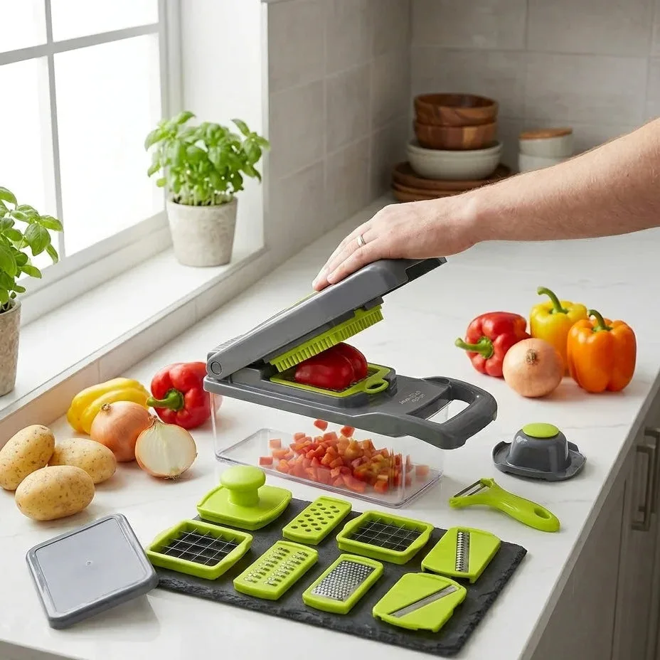 Hand pressing down the fold-top chopper attachment to dice a bell pepper, with potatoes and peppers on the counter