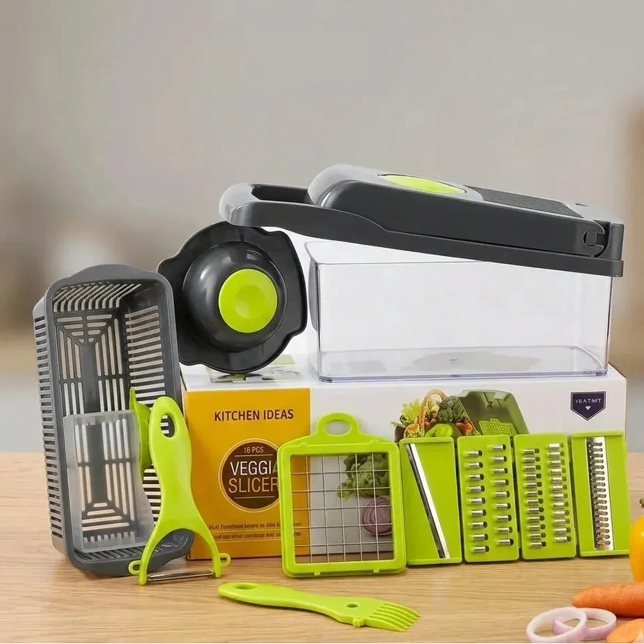 Vegetable Cutter mandoline body, dicing container and interchangeable blade inserts stacked in front of the retail box