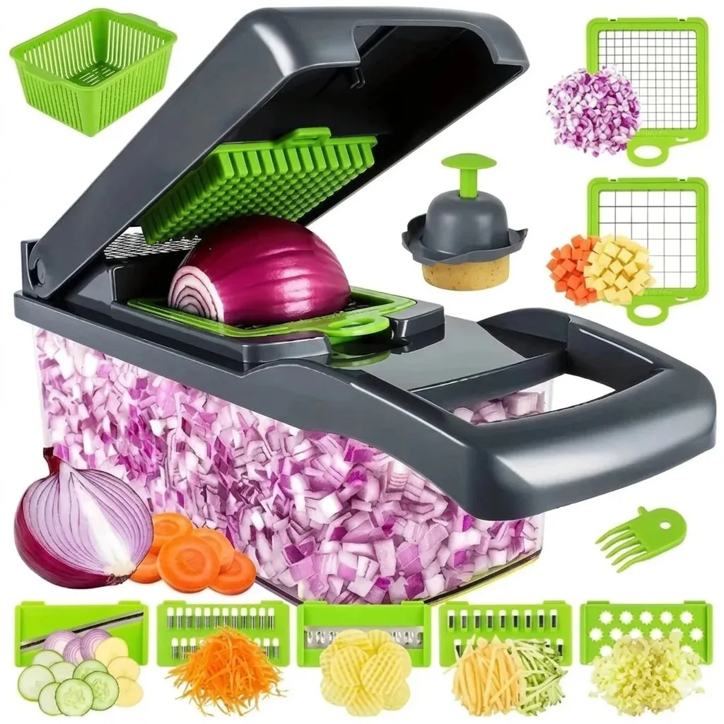 Vegetable Cutter fold-top press chopper filled with diced red onion, shown with sliced carrots and blade attachments for julienne, wavy and shredded cuts