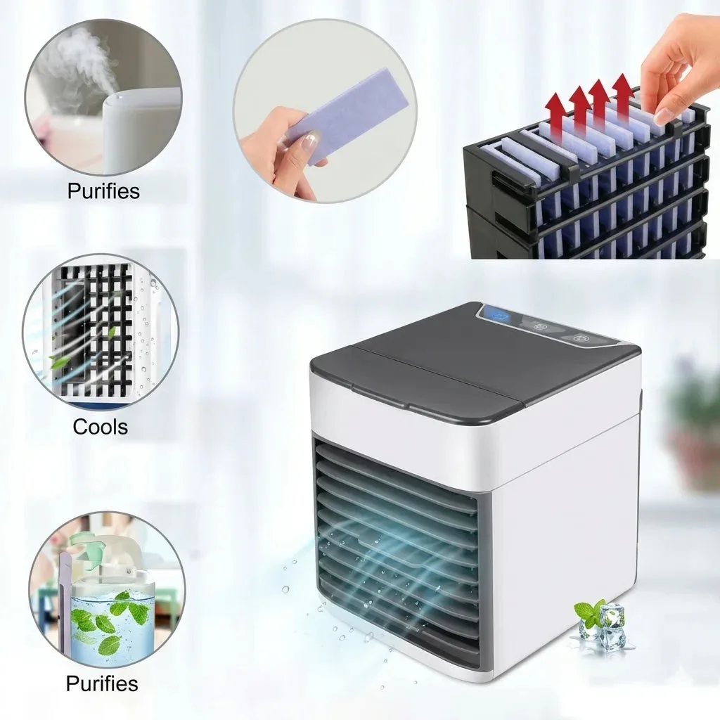 Arctic Air Ultra mini air cooler with replaceable purifying filter pad being inserted, and airflow diagram showing purify, cool and moisturize functions
