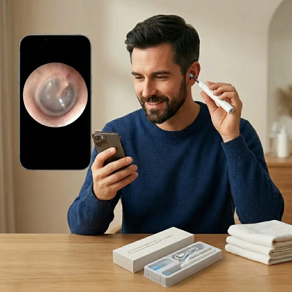Person cleaning his ear with ear cleaner with built in camera and app controlled