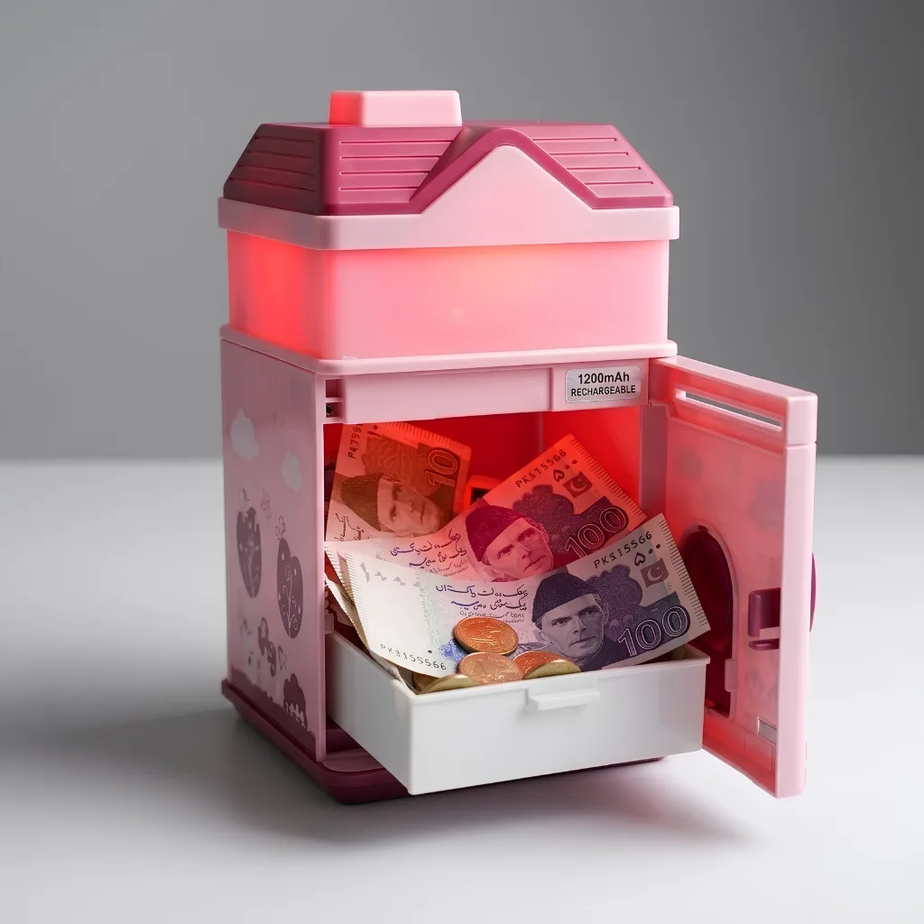 ATM piggy bank open compartment showing stored Pakistani rupee notes and coins in the pull-out drawer, lit red