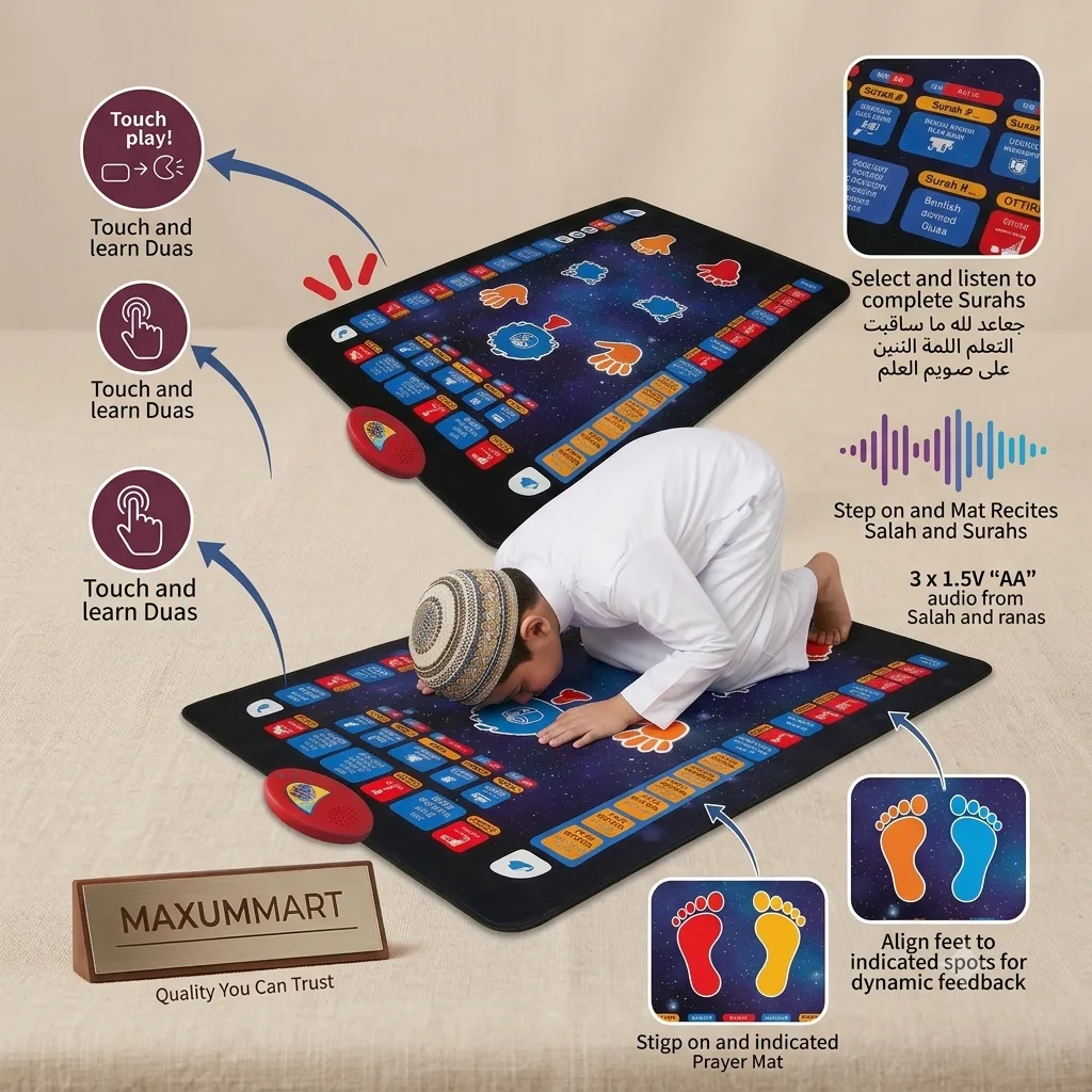 Child kneeling in sujood prayer position on the Interactive Prayer Learning Mat, which recites Salah and Surahs as they step and touch the marked spots