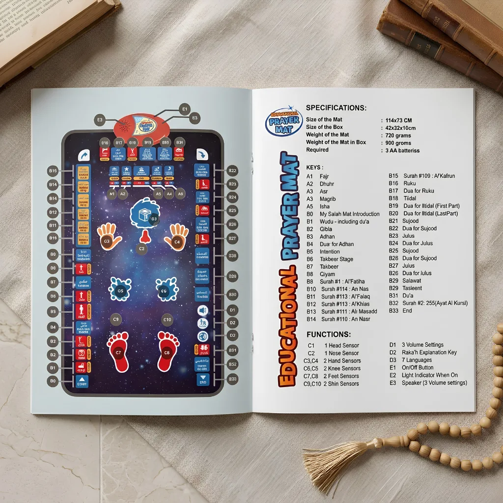 Instruction booklet for the Interactive Prayer Learning Mat listing all touch-key functions, prayer names, and Surah selections