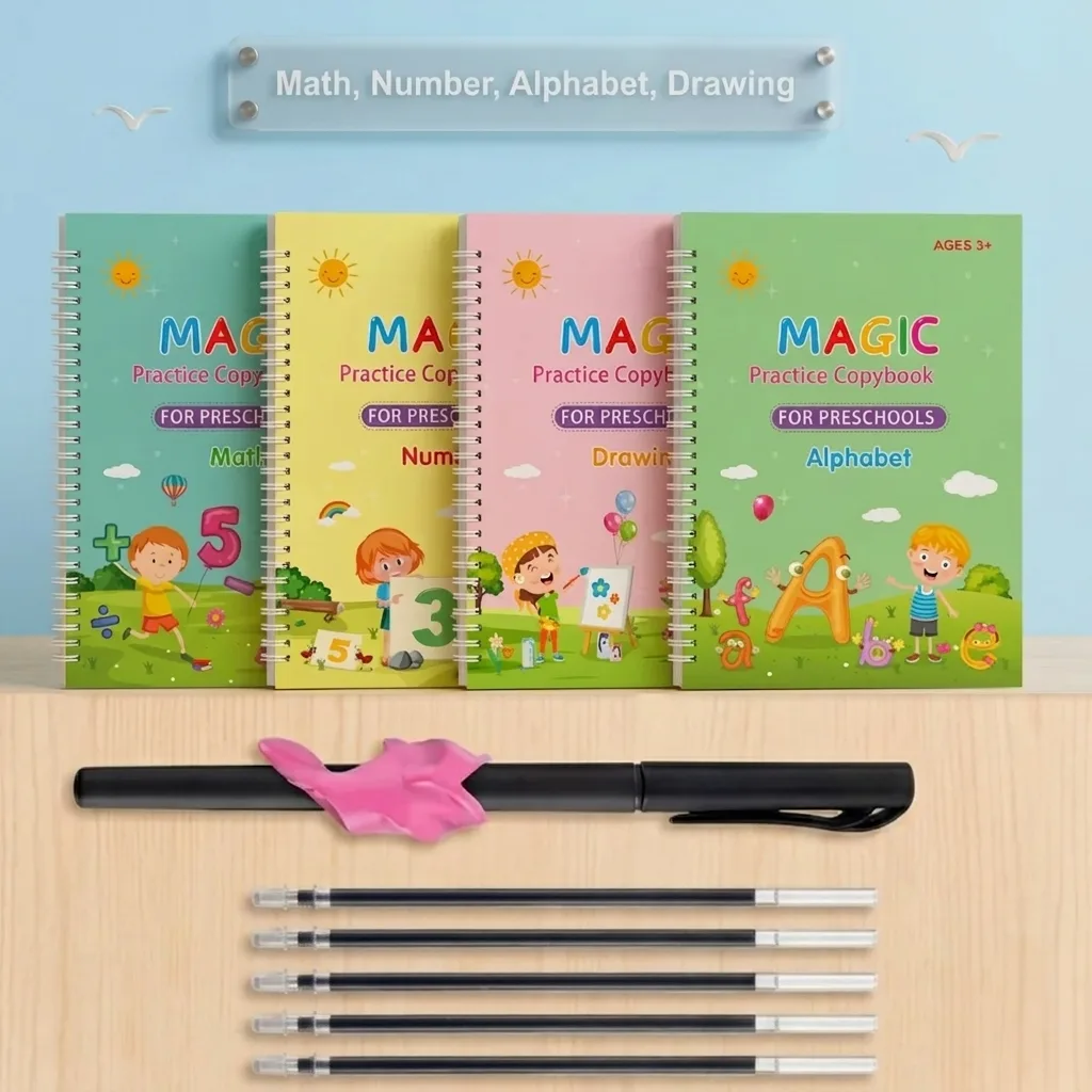 Kids Magic Practice Book Set (4 Books) –with 5 Refill Magic Pens