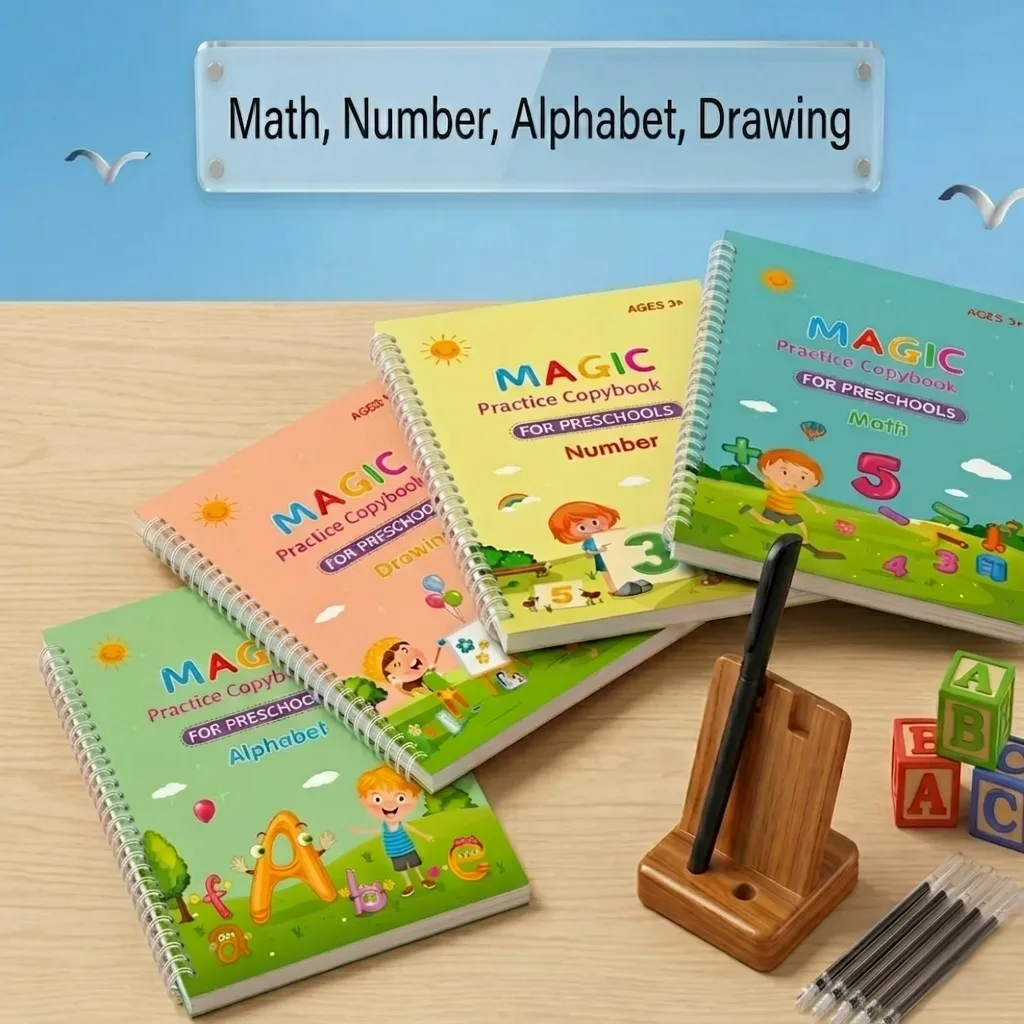 Four Magic Practice Copybooks for preschoolers fanned out on a desk with the reusable pen in its wooden stand and alphabet blocks