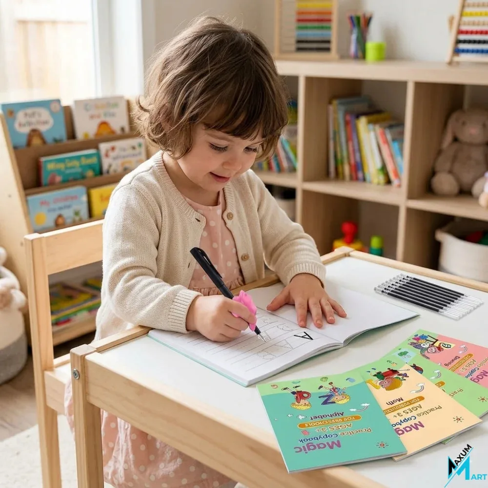 Young girl practicing handwriting in the Magic Practice Copybook using the included reusable pen