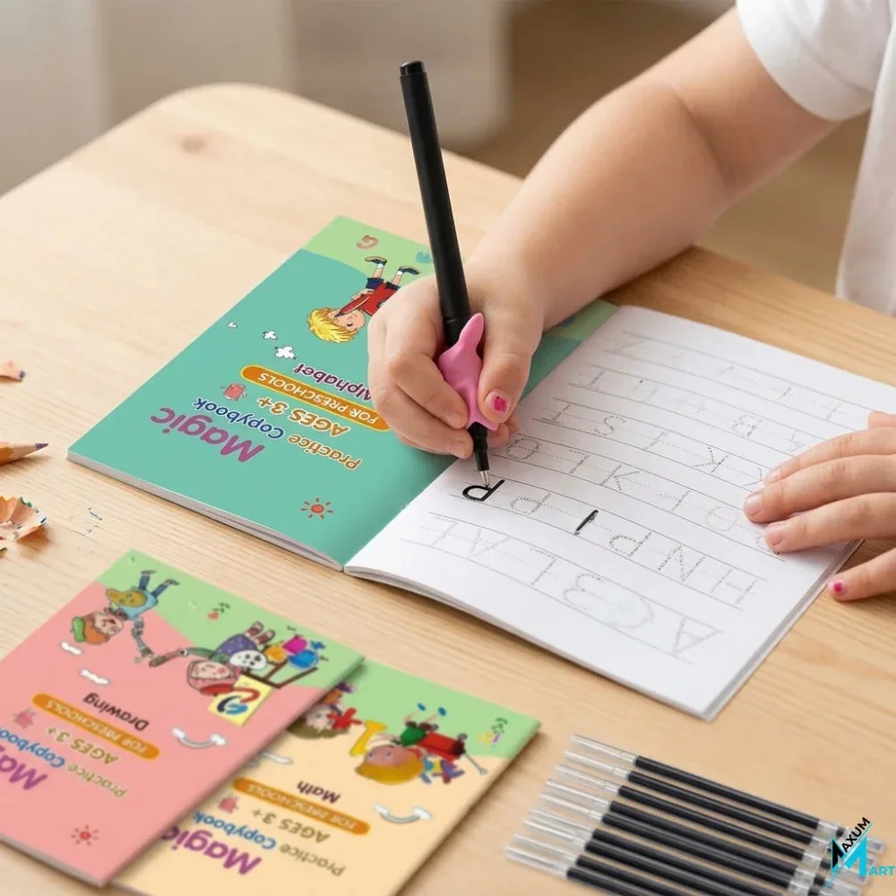 Close-up of a child's hand tracing letters in the Magic Practice Copybook, with the other three copybooks and refill pens beside it