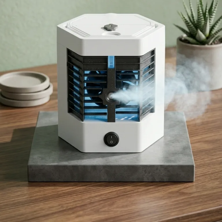 Mini Air Cooler Pro running on a wooden desk next to a potted plant, blue-lit fan visible releasing cool mist