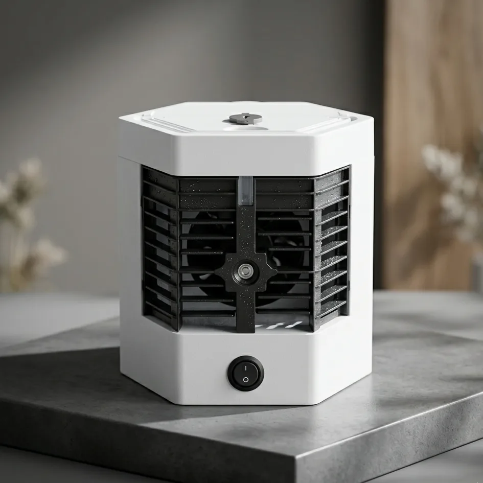 Close-up of the Mini Air Cooler Pro white octagonal housing with black vented front and single power button