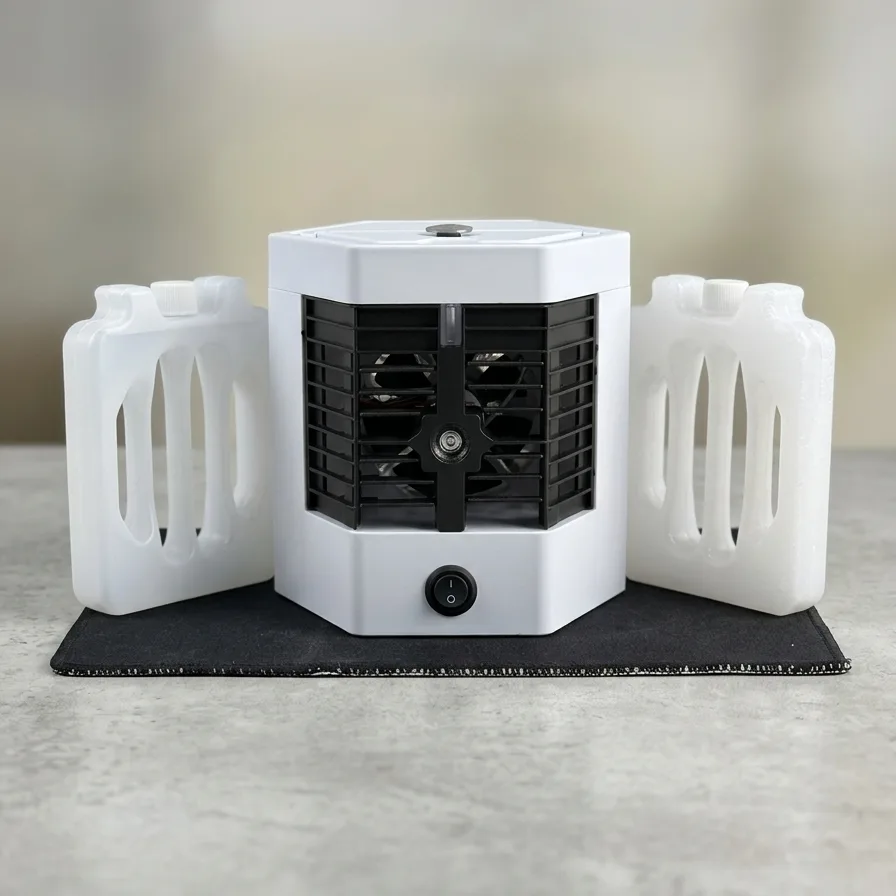 Mini Air Cooler Pro on a light grey surface next to its two water bottles