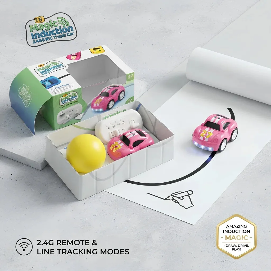 Smart Sensor Car packaged with remote control and yellow ball accessory, shown driving along a hand-drawn line path