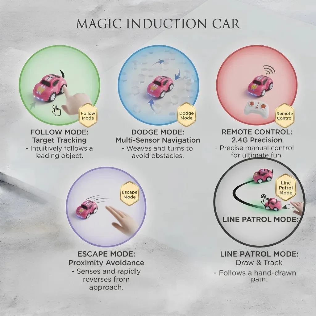 Diagram of the Smart Sensor Car's 5 modes: follow mode target tracking, dodge mode obstacle avoidance, remote control, escape mode, and line patrol drawn-path tracking