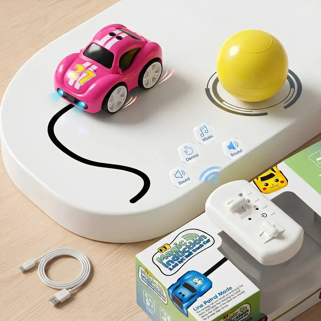 Smart Sensor Car with USB charging cable, yellow ball accessory, and remote control alongside its retail packaging
