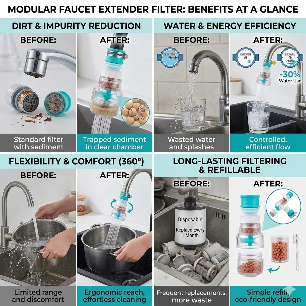 Before and after comparison of the Splash Filter showing reduced sediment, controlled water flow, 360-degree flexibility, and refillable filter cartridge