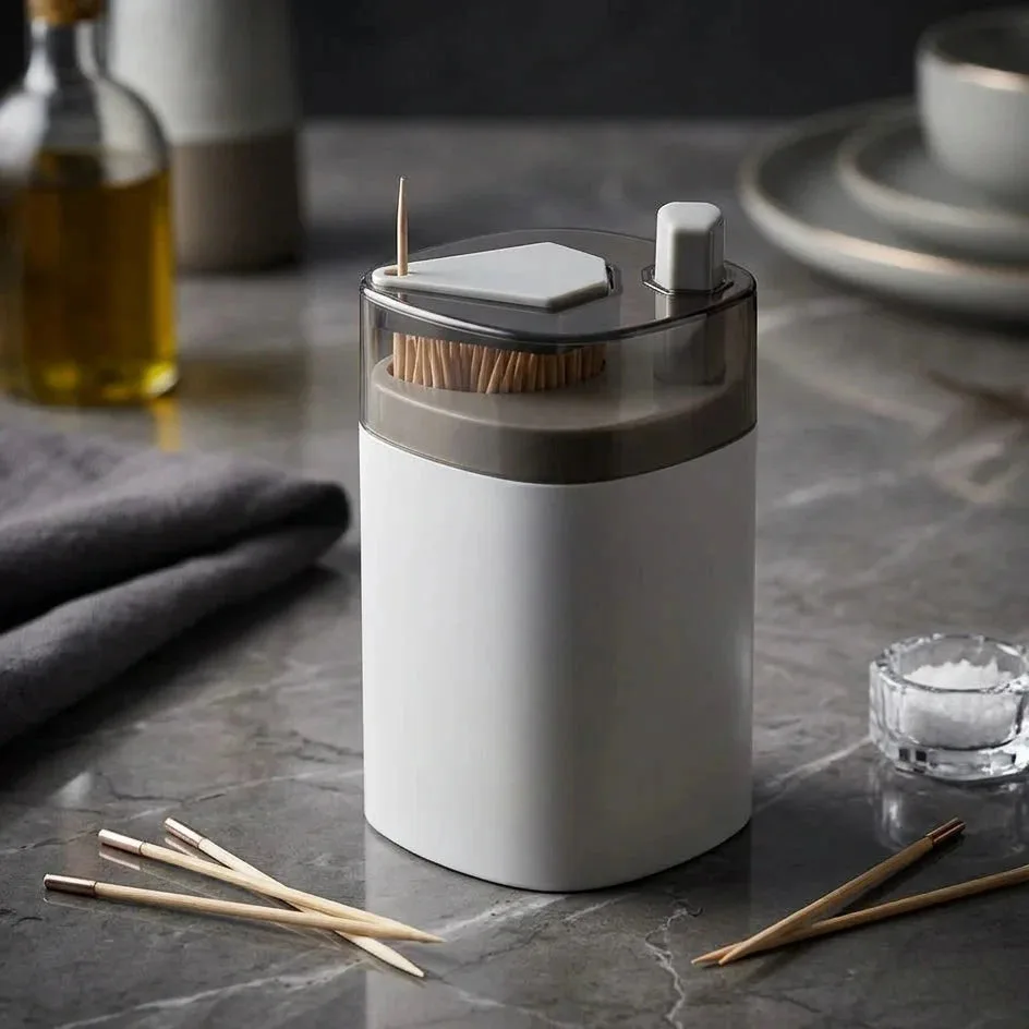 Close-up of the SmartPress Automatic Toothpick Dispenser's clear toothpick chamber and press-button lid