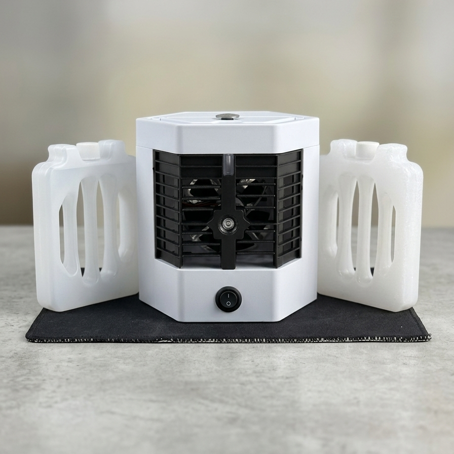 Small white portable heater with black interior on a light gray surface. Mini air cooler pro with 2 water bottles