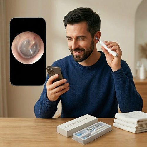 Person cleaning his ear with ear cleaner with built in camera and app controlled