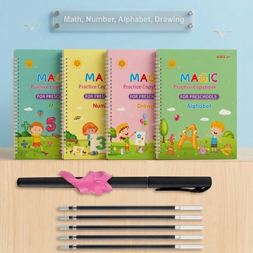 Kids Magic Practice Book Set (4 Books) –with 5 Refill Magic Pens